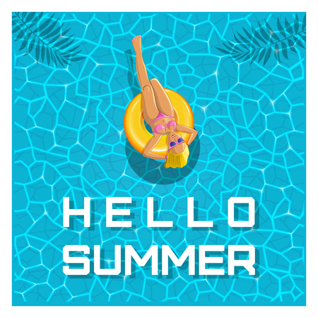 Summer design. Hello summer. A girl in sunglasses swims on a yellow inflatable circle. Vector illustrationのイラスト素材