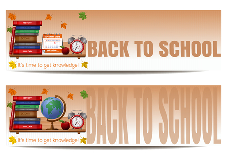 Two banners with school supplies. Back to school. It's time to get knowledge. Vector illustrationのイラスト素材