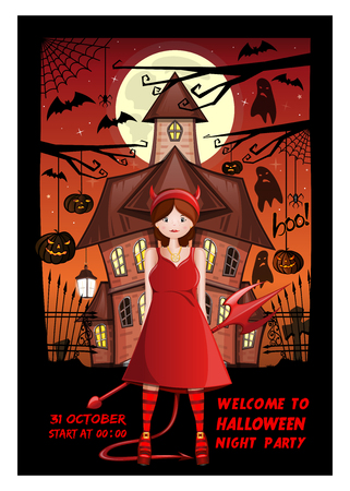 Halloween invitation card design. Welcome to Halloween night party. Pretty girl in a devil costume on the background of a haunted house. Vector illustrationのイラスト素材