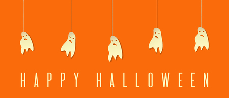 Funny ghosts on ropes. Happy Halloween design. Cartoon spook on an orange background. Vector illustrationのイラスト素材