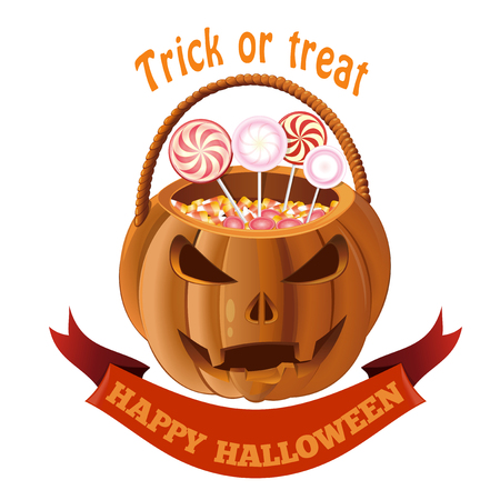 Halloween pumpkin basket. Jack o lantern bag with candy. Orange pumpkin basket to collect candy on Halloween. Vector illustrationのイラスト素材
