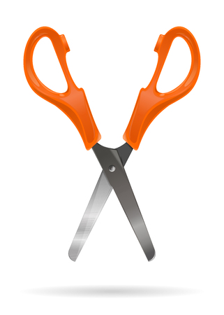 Open office scissors with plastic orange handles isolated on a white background. Realistic vector illustrationのイラスト素材