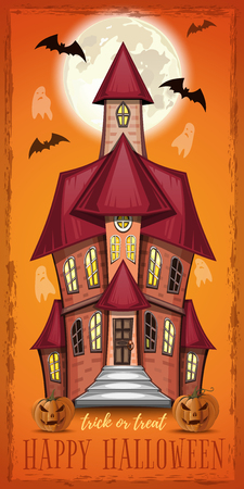 Halloween greeting card with an old haunted house. Halloween vertical banner. Vector illustrationのイラスト素材