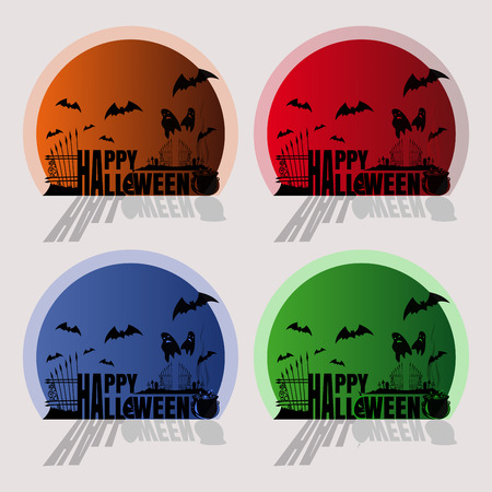 Multicolored stickers set for Halloween. Bats and ghosts over the night cemetery. Halloween banners collection. Vector illustrationのイラスト素材