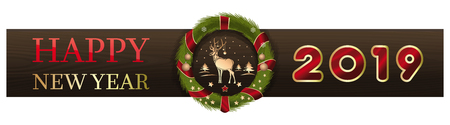 Design for the New Year 2019. Christmas wreath on the background of wooden boards and greeting inscriptions. Merry Christmas and Happy New Year. Vector illustrationのイラスト素材