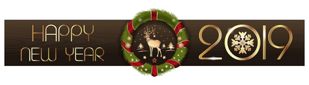 Design for the New Year 2019. Christmas wreath on the background of wooden boards and greeting inscriptions. Merry Christmas and Happy New Year. Vector illustrationのイラスト素材