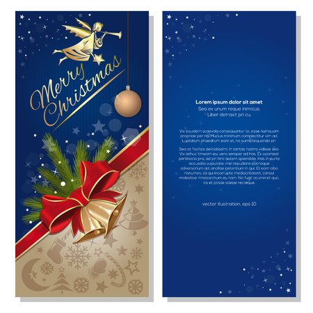 Christmas design. Festive blue background with angel, branches of fir, Christmas icons and gold jingle bells. Vector flyer template for Christmas and New Yearのイラスト素材
