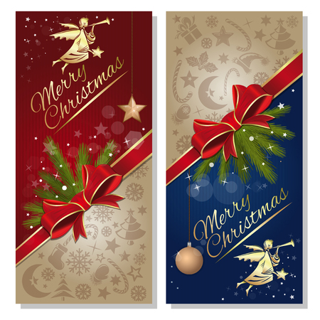 Festive red and blue background with red ribbon and bow, angel and design elements for Christmas and New Year. Vector illustrationのイラスト素材