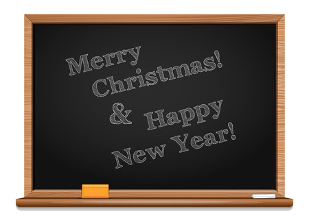 Merry Christmas and Happy New Year. Christmas greetings written on the blackboard. Vector illustrationのイラスト素材