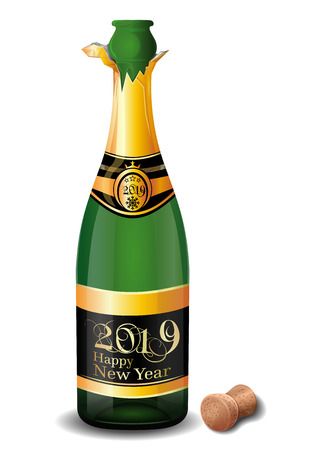 New Year Champagne 2019. Uncorked bottle of champagne and cork. Vector illustration isolated on white backgroundのイラスト素材