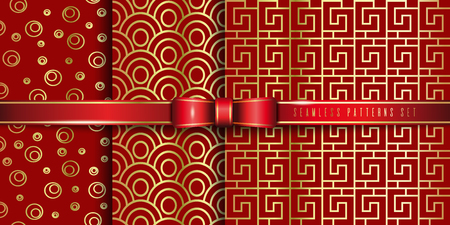 Set of golden seamless pattern on a red background. Collection of repeating red and gold patterns. Vector illustrationのイラスト素材