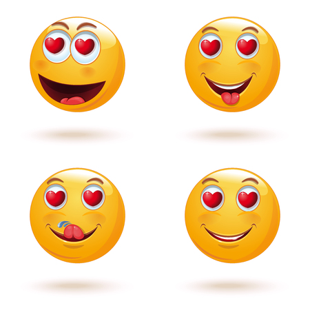 Emoticon face set with hearts instead of eyes. The collection of love emoticons. Yellow emoji set for Valentines Day. Vector illustrationのイラスト素材