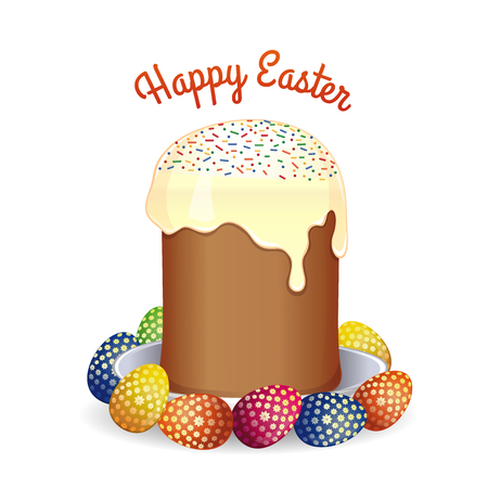 Easter greeting card with Easter cake and colorful painted eggs. Happy Easter lettering. Leaflet for Orthodox Easter. Vector illustration isolated on white backgroundのイラスト素材