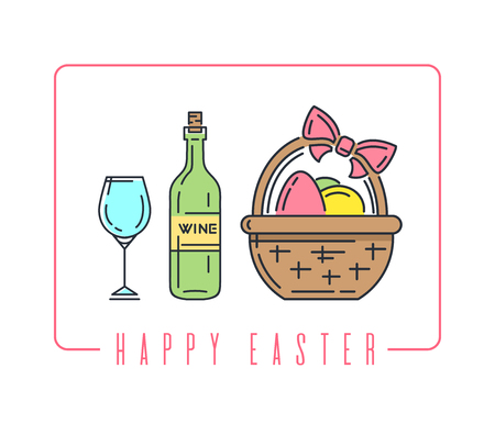 Easter line logo icon with bottle of wine and basket with easter eggs. Vector illustrationのイラスト素材