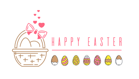Line logo icon with a basket of Easter eggs. Colorful Easter logo. Easter banner. Vector illustrationのイラスト素材