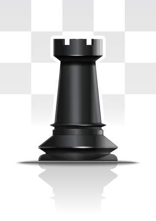 Black chess figure rook on a background of chessboard cells. Dark Tower. Realistic vector illustrationのイラスト素材