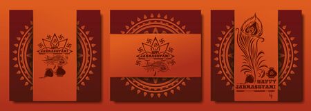Collection of festive backgrounds for Krishna Janmasthami. Banners set for the birthday of Krishna. Vector illustrationのイラスト素材