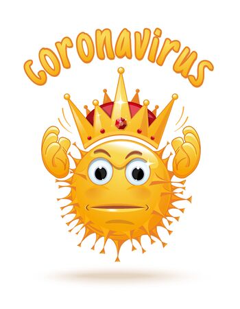 Angry coronavirus holds a golden crown over his head. Angry cartoon coronavirus holds a golden crown over his head. Vector illustrationのイラスト素材