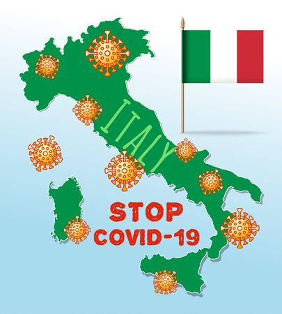 Coronavirus symbols on a map background of Italy. Stop COVID-19. Concept design in support of Italy in the fight against coronavirus. Vector illustrationのイラスト素材