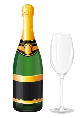 Sealed bottle of champagne and empty wine glass. Vector illustrationのイラスト素材