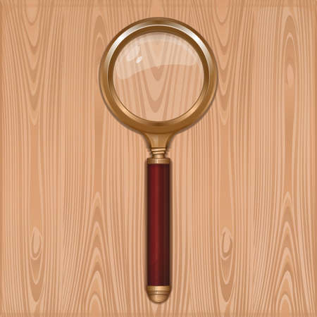 Magnifying glass on a wooden background. Gold magnifier with redwood handle. Loupe. Reading-glass. Realistic vector illustrationのイラスト素材