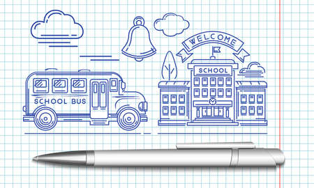 Welcome back to school. School bus pulls up to the school building. The stylized image of a ballpoint pen. Vector illustrationのイラスト素材