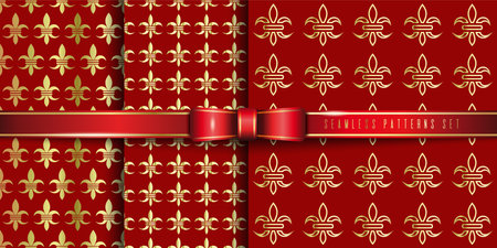 golden lily on a red background. Repeating seamless pattern set. Golden silhouettes of lily flowers. Fleur-de-lis symbol. Heraldic symbol of lily. vector illustrationのイラスト素材