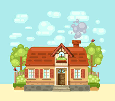 Cozy house in the village. Vector illustrationのイラスト素材