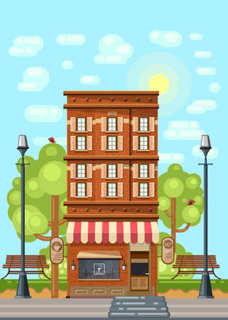 Vintage style high-rise building with a cafeのイラスト素材