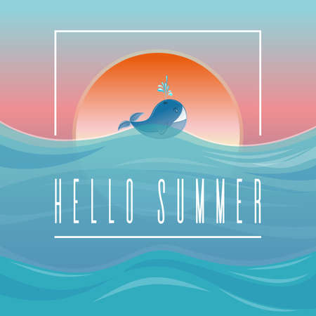 Whale in waves against the setting sunのイラスト素材