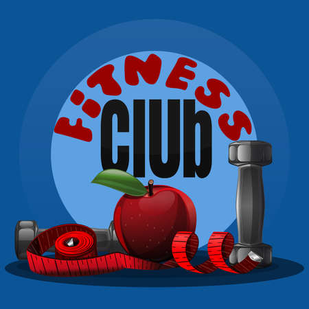 fitness club logo. Fitness dumbbell logo for sports club. Vector illustration of a measuring tape, an apple and a dumbbell. Logo for the fitness club, gym, sports hallのイラスト素材