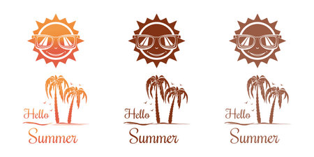 Summer sun logo design set. hello summer. Sun in sunglasses over the sea shore with palm trees. Vector illustration isolated on whiteのイラスト素材