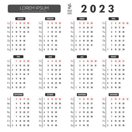Calendar in English for 2023, the days of the week are located on the left, week begins with Sunday