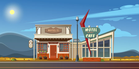 Lonely little cozy motel and roadside cafe. Motel 24 open. Desert road landscape with cafe and motel. Vector illustrationのイラスト素材