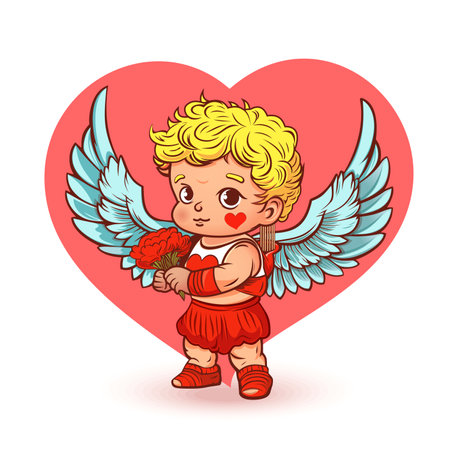 Cute Cupid boy with a bouquet of flowers against the background of the heart. Valentine's Day design. Vector illustrationのイラスト素材