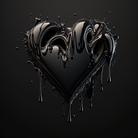 Black viscous fluid spreading in the shape of a heartの写真素材