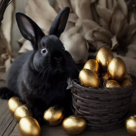 A cute black rabbit sits next to a basket of golden Easter eggs. Easter design. AI generatedの素材