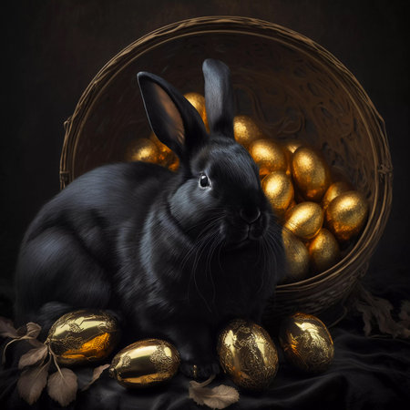 A cute black rabbit sits next to a basket of golden Easter eggs. Easter design. AI generatedの素材