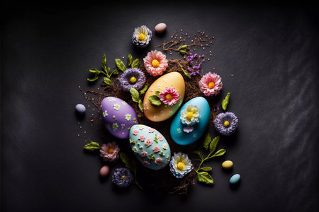 Easter composition consisting of colored Easter eggs and spring wildflowersの素材