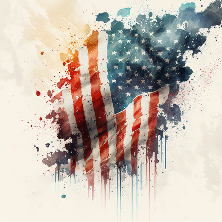 USA flag watercolor illustration. Vintage patriotic grunge backgroundの素材