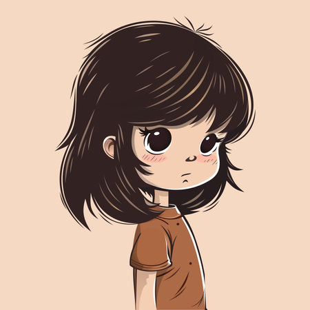 Cute cartoon girl with big dark eyes. Portrait of a little girl in a T-shirt. Vector illustrationのイラスト素材