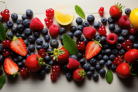 Fruits and berries on a wooden table. Raspberries, strawberries, blueberries, bilberries, lemons and redcurrant. AI generatedの写真素材