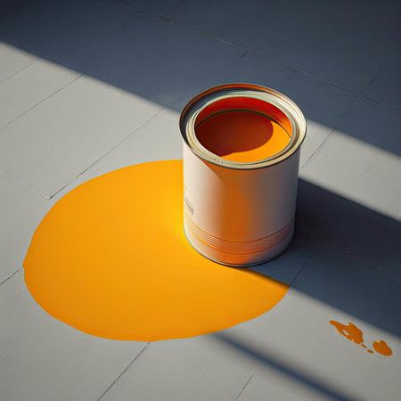 A can of yellow paint sits on a yellow-painted floor. AI generatedの写真素材