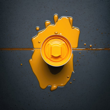 A can of yellow paint sits on a yellow-painted floor. AI generatedの写真素材