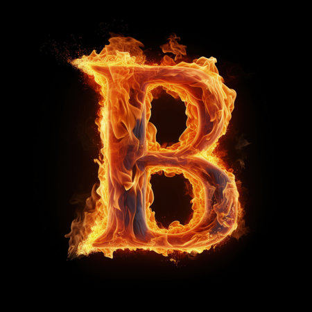 Capital letter B consisting of a flame. Burning letter B. Letter of fire flames alphabet on black background.の写真素材
