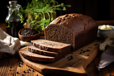 Black bread cut into pieces lies on a wooden tableの素材