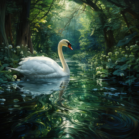 White swan swims in the pond. Swans on the lake. AI generatedの写真素材