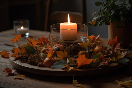 Autumn atmosphere, candles and autumn leaves on a wooden table. AI generatedの写真素材