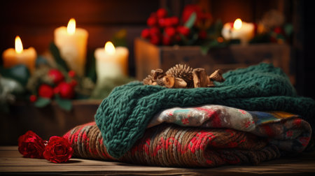 Winter Christmas vibe, warm winter clothes on a background of burning candles. AI generatedの写真素材