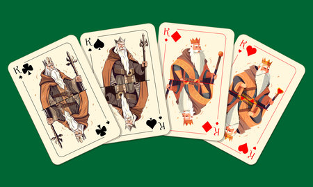 Four kings of different suits on a green playing table. Original design of playing cards. Vector illustrationのイラスト素材